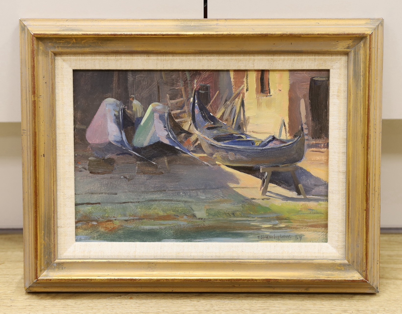 Trevor Chamberlain RSMA ROI, (1933-), oil on board, 'Gondola repair yard, Venice', signed and dated '89, 17 x 24cm